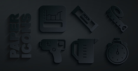 Set Measuring cup, tape, Digital thermometer, Stopwatch, Construction bubble level and Graph, schedule, chart, diagram icon. Vector