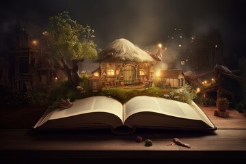 enchanted magic fairytale book with fantasy scene pop up on page, little cottage in forest with mist mysterious atmosphere, Generative Ai
