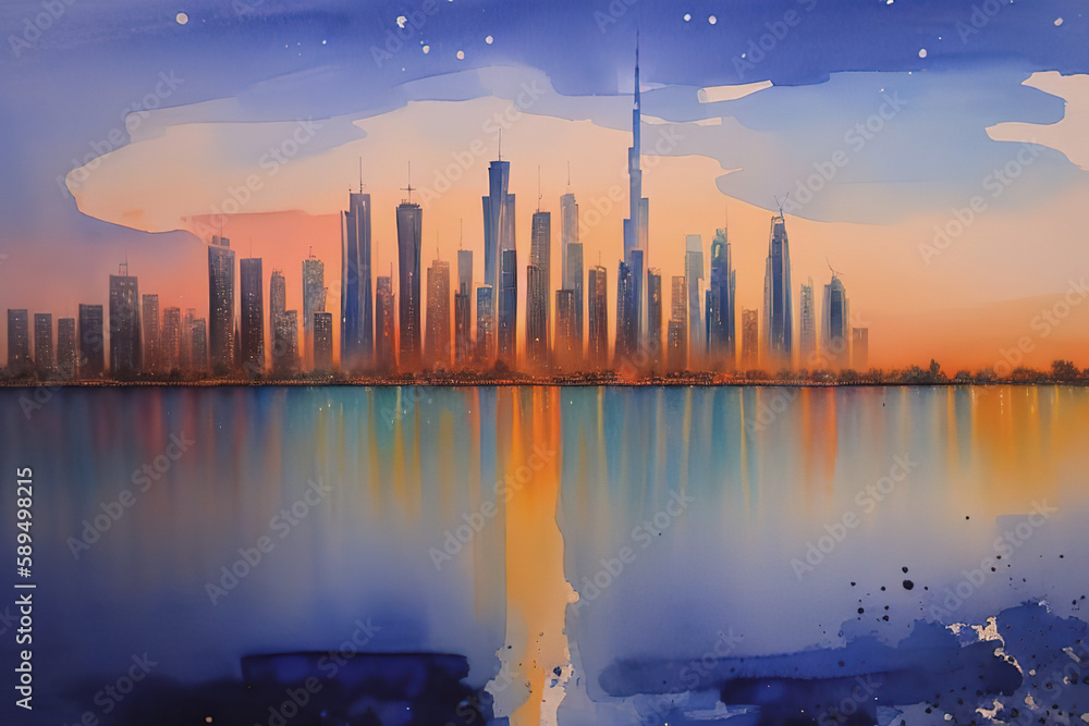 Wall mural Panorama of dubai at sunset in the evening, Generative AI.