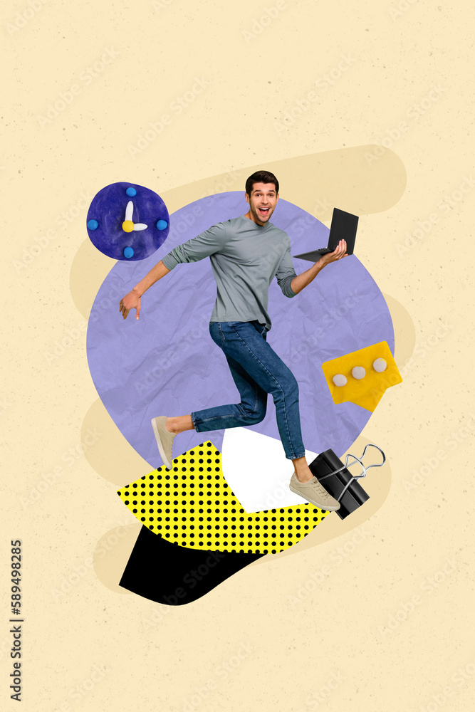 Poster Vertical collage picture of excited guy hold use netbook run jump plasticine watch clock message notification isolated on painted background