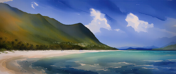 Fototapeta premium Tropical beach panorama with palms and rocks, Seychelles, Generative AI