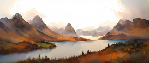 Mountain landscape with lakes in Scotland, UK, Generative AI.