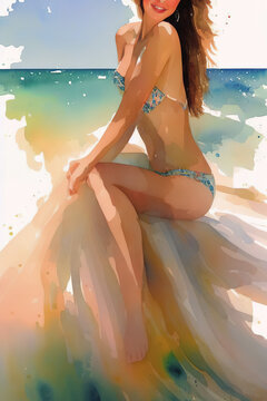 Girl on the beach in a swimsuit, abstract background, Generative AI.