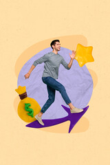 Obraz na płótnie Canvas Vertical collage image of excited guy running arrow pointer plasticine big money bag sack star isolated on beige background