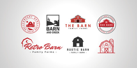 set bundle of barn barn house water warehouse factory storage farm house farmland logo, illustration design of barn cabin cottage hut garage concept - obrazy, fototapety, plakaty