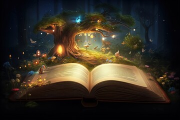 enchanted magic fairytale book with fantasy scene pop up on page, fairy forest with big tree with glitter glow light at night time, Generative Ai