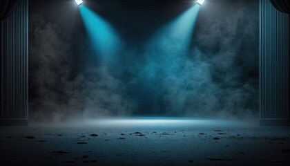 blue spotlights shine on stage floor in dark room, idea for background backdrop, music hall or studio, Generative Ai