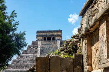 The amazing Kulkulcan pyramid at Chichen Itza, also known as the castle or temple of the Yucatan Peninsula in Mexico, is an old Mayan ruin.