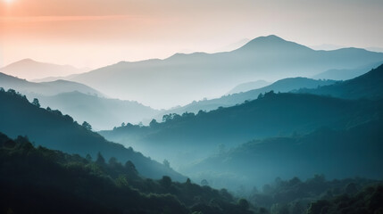 Fototapeta premium Amazing natural scenery of mountains in mist in the morning. Based on Generative AI