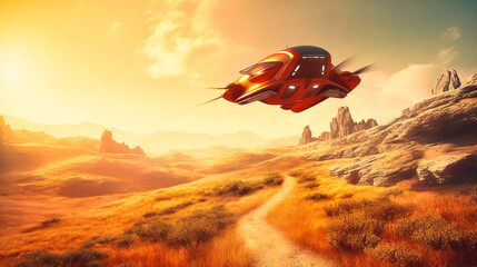 A futuristic electric flying car flying through a stunning natural landscape, showcasing its ability to traverse both urban and rural environments