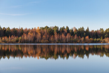 Fall colours of forest reflected in the waters of a lake