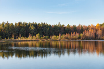 Fall colours of forest reflected in the waters of a lake