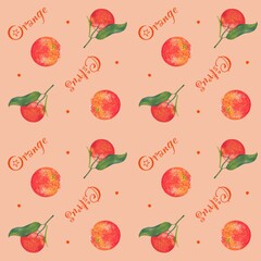 Seamless pattern with tangerines and oranges in a watercolor style and the inscription citrus, on a light orange background, digital drawing.