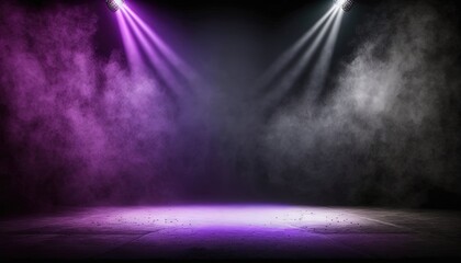 purple, spotlights shine on stage floor in dark room, idea for background backdrop, music hall or studio, Generative Ai