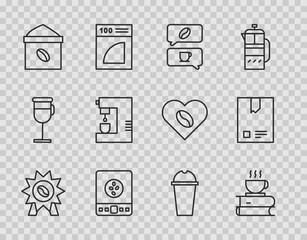 Set line Medal for coffee, Coffee cup and book, conversation, Electronic scales, Bag beans, machine, Milkshake and icon. Vector