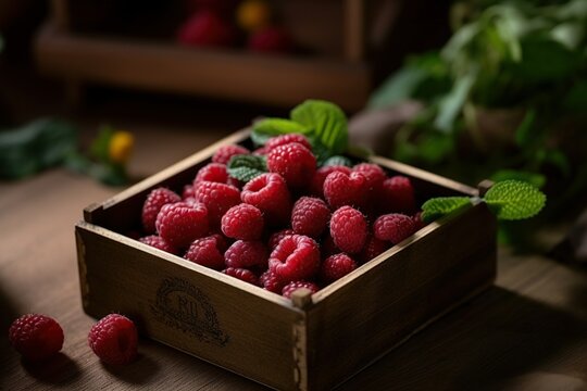 A beautifully composed photograph features a wooden crate overflowing with juicy, red raspberries gathered in late spring. The image, taken on a DSLR, benefits from soft, natural light that enhances t