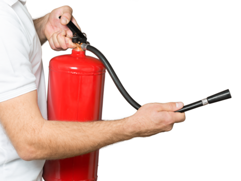 Hand presses the trigger fire extinguisher hand presses the trigger fire extinguisher