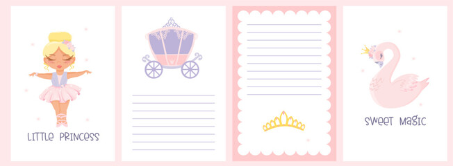 Baby shower template set. Cute beautiful princess, ballerina, swan with crown, carriage, princess crown. Pink template for girls  © Alena