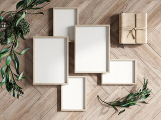 blank photo frame on wooden background, 3d render