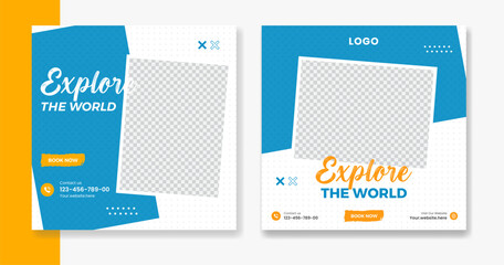 Creative Travel social media post design, holiday vacation square post template, hotel online post vector, happy journey carousel