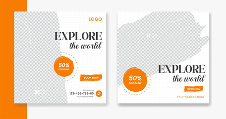 Creative Travel social media post design, holiday vacation square post template, hotel online post vector, happy journey carousel