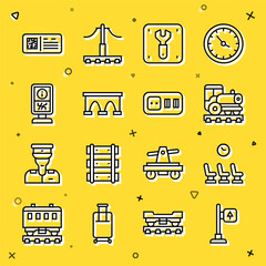 Set line Road traffic signpost, Waiting room, Vintage locomotive, Repair of railway, Bridge for train, Information stand, QR code ticket and Electrical outlet icon. Vector