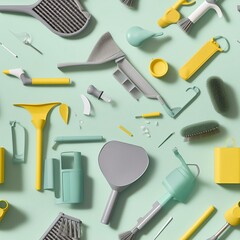 Tileable Cleaning Items layed out flat, pastel