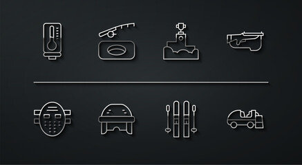 Set line Meteorology thermometer, Hockey mask, Biathlon rifle, Ski and sticks, helmet, Winter fishing, Ice resurfacer and Award winner podium icon. Vector