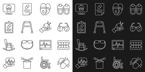 Set line Medicine pill or tablet, False jaw, Eyeglasses, Slippers, Walker, Medical prescription, Nursing home and Yarn ball with knitting needles icon. Vector
