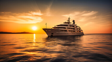 Fototapeta na wymiar A private yacht cruising on crystal clear waters, with the sun setting in the background
