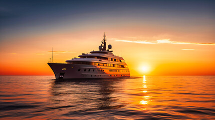 A private yacht cruising on crystal clear waters, with the sun setting in the background