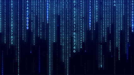 Blue matrix background. Falling numbers on screen. Technology stream binary code. Digital vector illustration. Hacking concept.