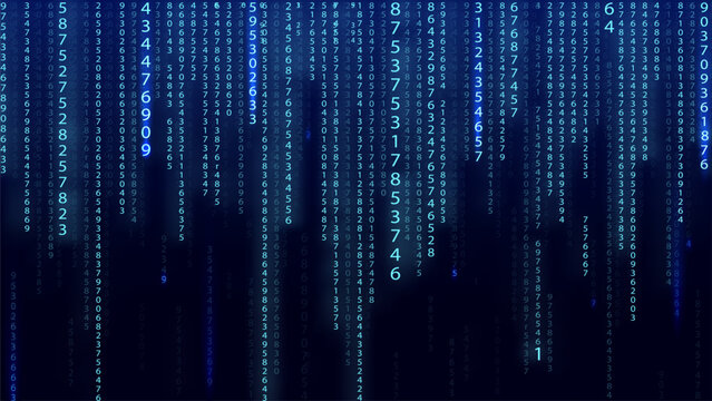 Blue matrix background. Falling numbers on screen. Technology stream binary code. Digital vector illustration. Hacking concept.