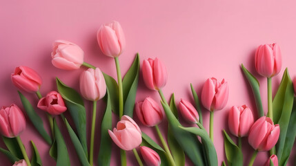 Obraz premium Fondo rosa pastel con tulipanes rosas vistos desde arriba. Ilustración, IA Generativa