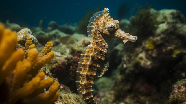 A seahorse swimming in a coral reef Generative AI