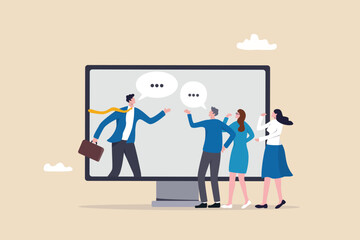 Online consultant, manager giving advice on remote work, online conference or communicate with team via internet concept, businessman manager giving advice from computer monitor to team members.