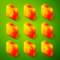 Set line Ferris wheel, Striker attraction with hammer, Magic hat and wand, Circus tent, Fast street food cart, Firework rocket and Hot air balloon icon. Vector