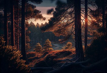 Pine Trees Forest Evening Light. Generative AI