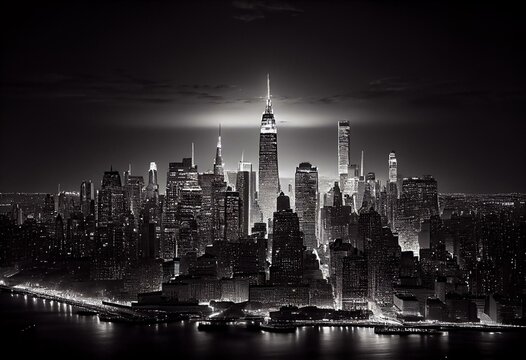 Black and white New York City at night panoramic picture, USA. Generative AI