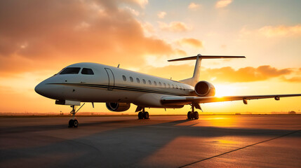 A private jet parked on a runway with the sun setting in the background