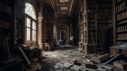 Fototapeta na wymiar A haunted abandoned library with twisted foreboding Generative AI
