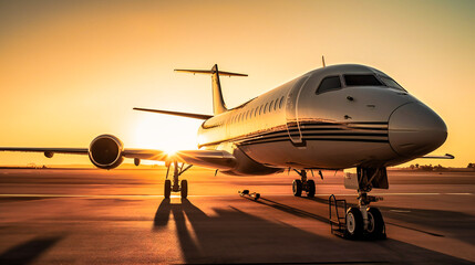 Fototapeta na wymiar A private jet parked on a runway with the sun setting in the background