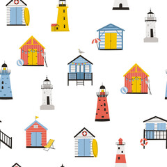 Seamless pattern with beach huts and lighthouses