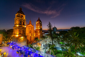 Cathedral Basilica of St. Lawrence at nighttime, Santa Cruz de la Sierra, Bolivia