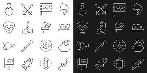 Set line Medieval sword, Roasted turkey chicken, King crown, Viking flag, Ancient viking boots, Skull, Bottle with potion and horned helmet icon. Vector