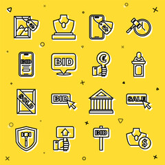 Set line Auction jewelry sale, Price tag with Sale, auctioneer sells, Online, Bid, painting and Hand holding paddle icon. Vector
