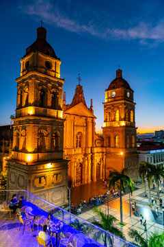 Cathedral Basilica of St. Lawrence at nighttime, Santa Cruz de la Sierra, Bolivia