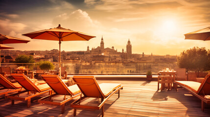 Fototapeta premium A glimpse of a luxurious rooftop terrace, offering a breathtaking panoramic view of Barcelona's landmarks and skyline