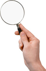 Hand of young man holding magnifying glass