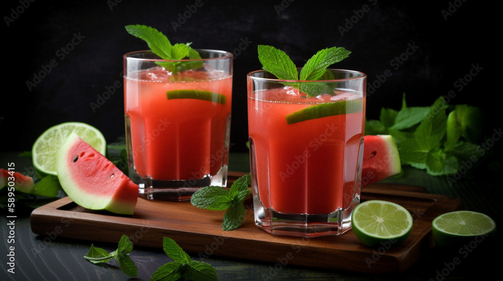 Sticker Watermelon-mint juice with watermelon mint and lime Generative AI